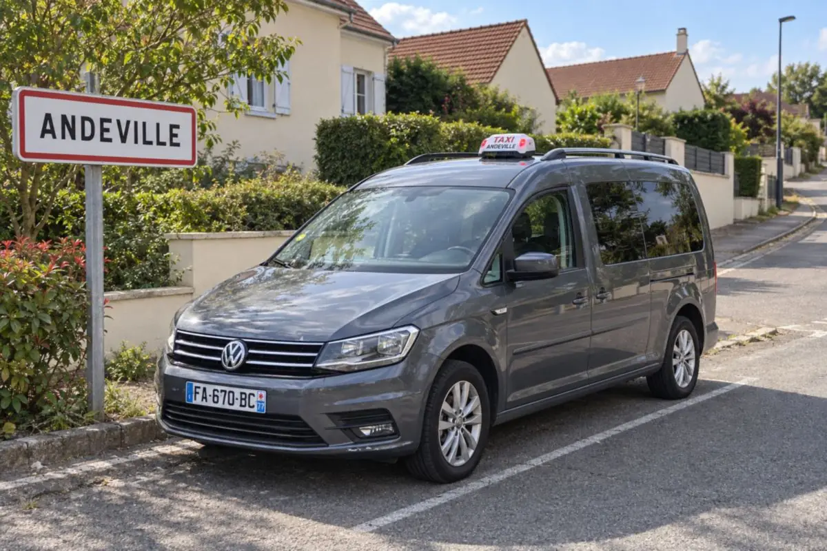 Le taxi JB TRANSPORT garé près du panneau d’entrée d’Andeville