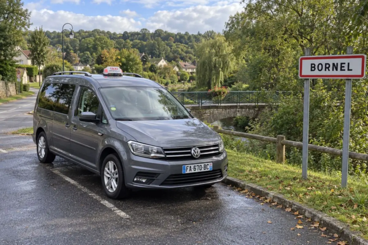 Le taxi JB TRANSPORT garé près du panneau d’entrée de Bornel, à côté d’un pont