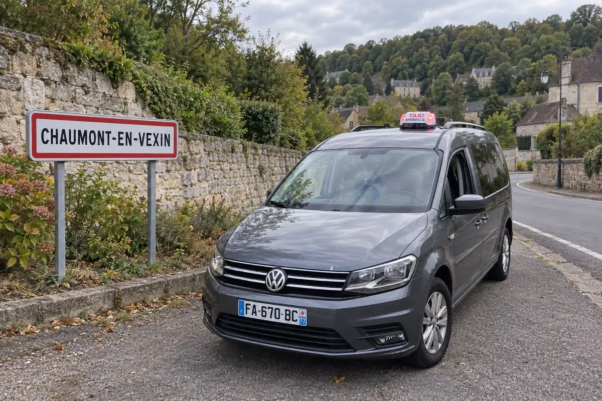 Le taxi JB TRANSPORT garé près du panneau d’entrée de Chaumont-en-Vexin