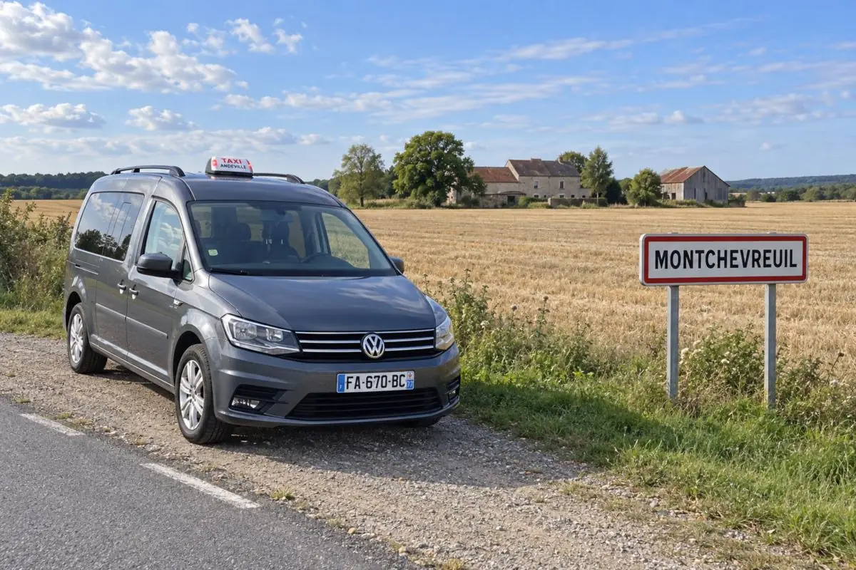 Le taxi JB TRANSPORT au bord d’un champ, près du panneau d’entrée de Montchevreuil
